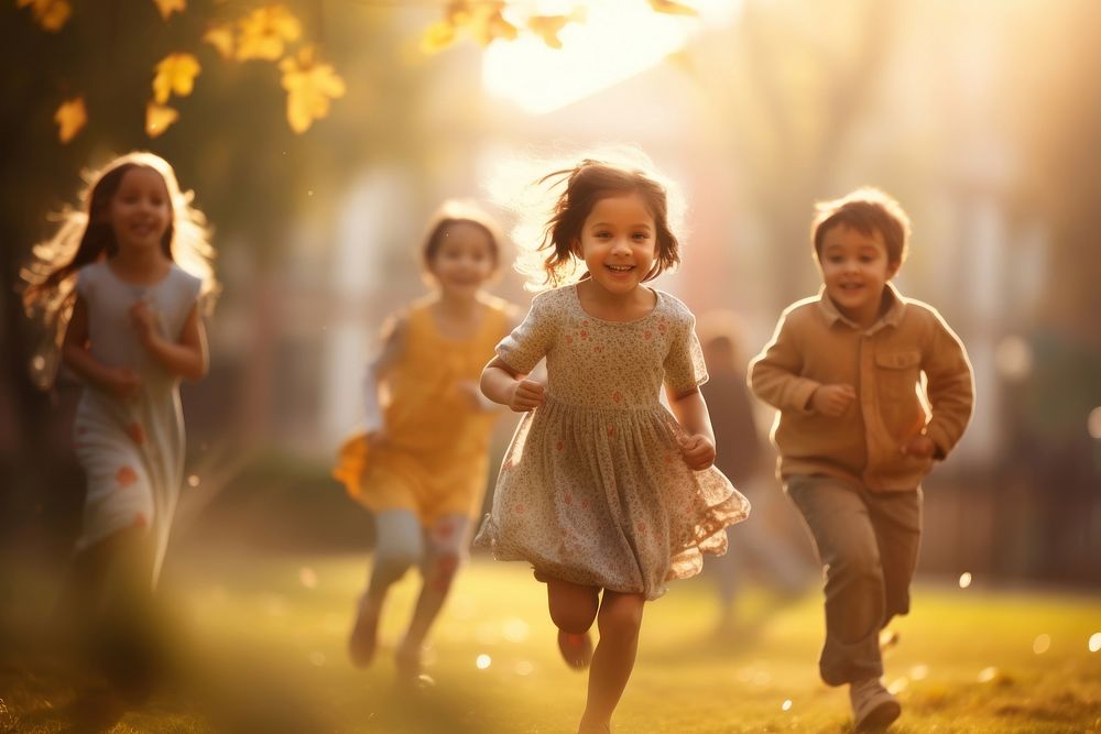 Group of children running in the park morning walking happy. AI generated Image by rawpixel.