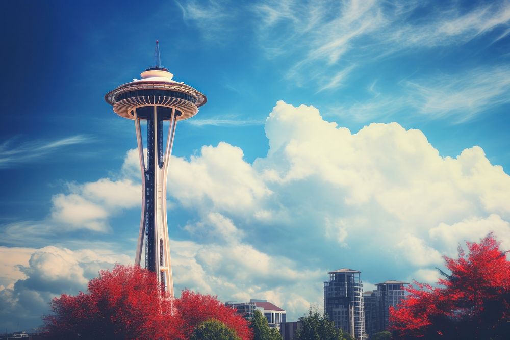 Seattle Space Needle architecture building landmark. AI generated Image by rawpixel.