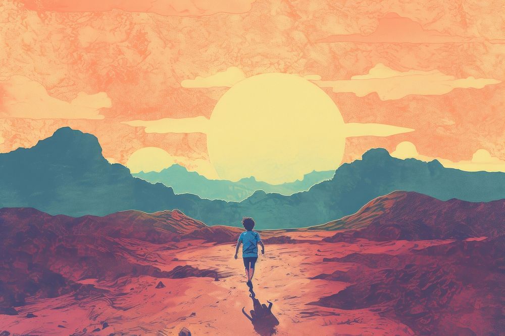 Boy running landscape mountain outdoors. AI generated Image by rawpixel.
