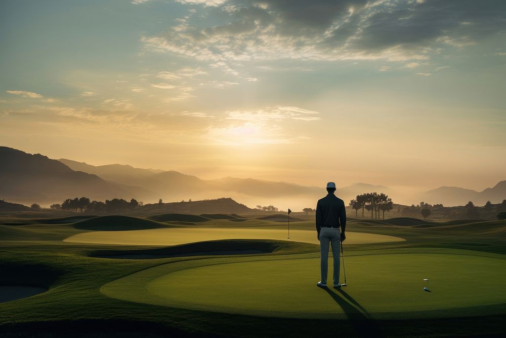 Man standing alone in golf course outdoors nature sports. AI generated Image by rawpixel.