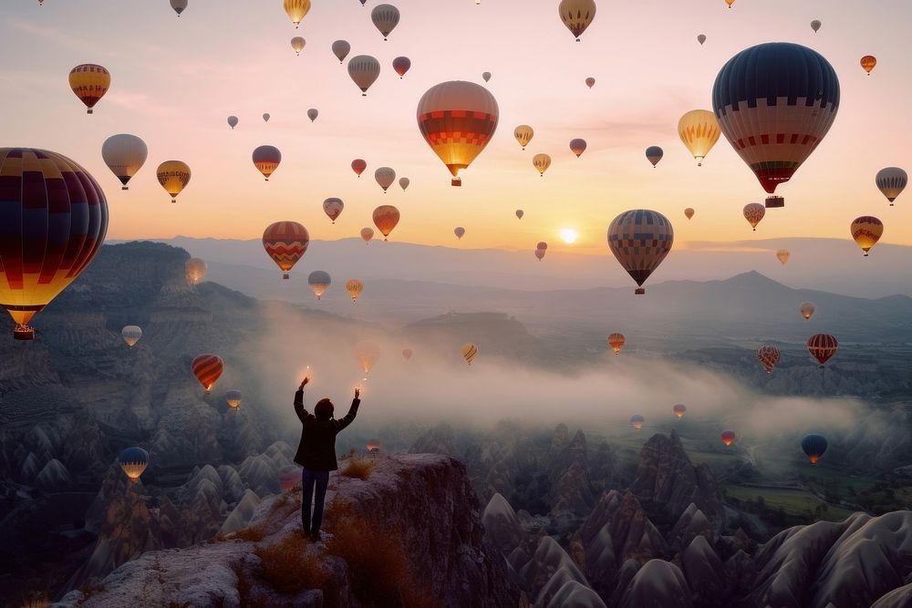 Man celebrate himself on a cliff balloon landscape mountain. AI generated Image by rawpixel.