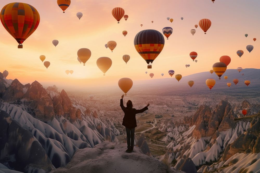 Man celebrate himself on a cliff mountain balloon landscape. AI generated Image by rawpixel.