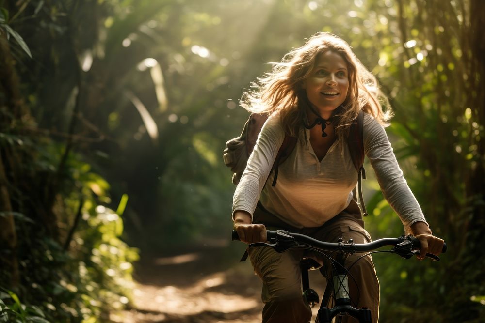 Mature woman riding bike on jungle trail bicycle vehicle cycling. AI generated Image by rawpixel.