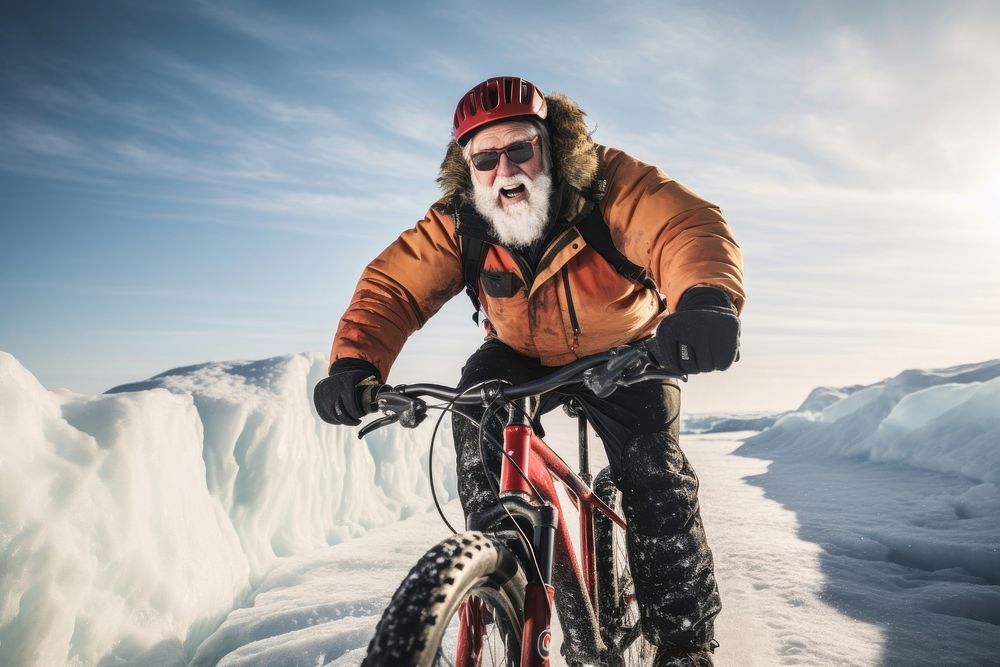 Mature man riding bike on ice trail outdoors vehicle bicycle. AI generated Image by rawpixel.