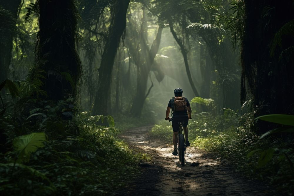 Mature man riding bike on jungle trail outdoors woodland nature. AI generated Image by rawpixel.