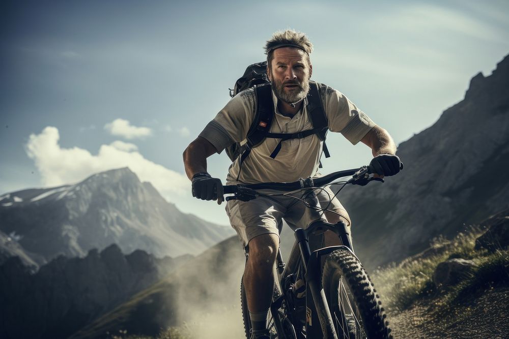 Mature man riding bike on mountain trail bicycle vehicle cycling. AI generated Image by rawpixel.