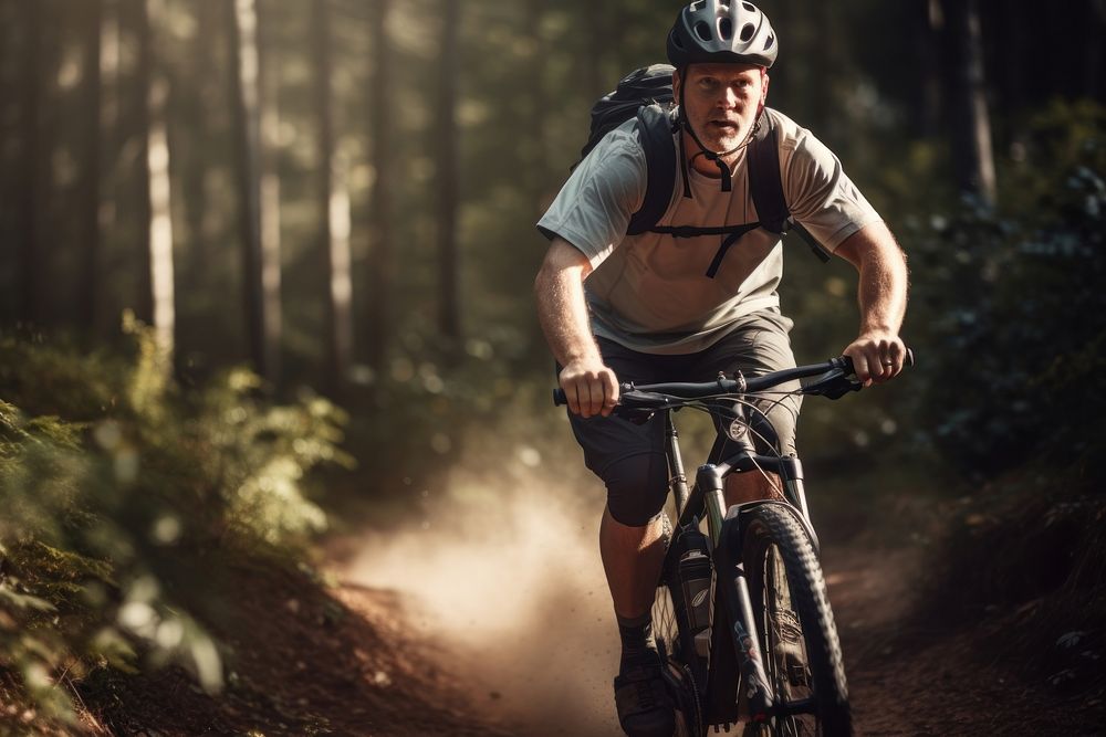Mature man riding bike on forest trail cycling bicycle vehicle. AI generated Image by rawpixel.