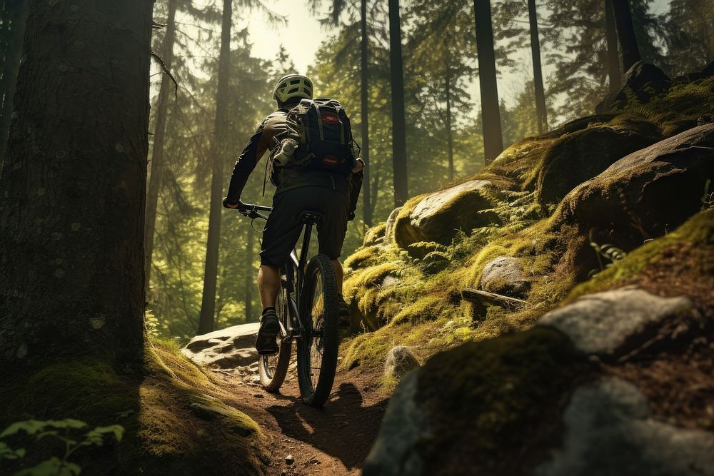 Mature man riding bike on forest trail bicycle vehicle cycling. AI generated Image by rawpixel.