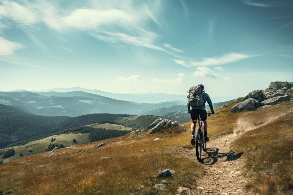 Mature man riding bike on mountain trail outdoors cycling bicycle. AI generated Image by rawpixel.