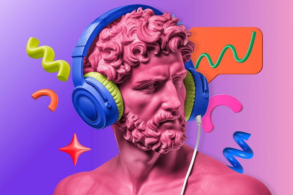 Greek statue wearing headphones