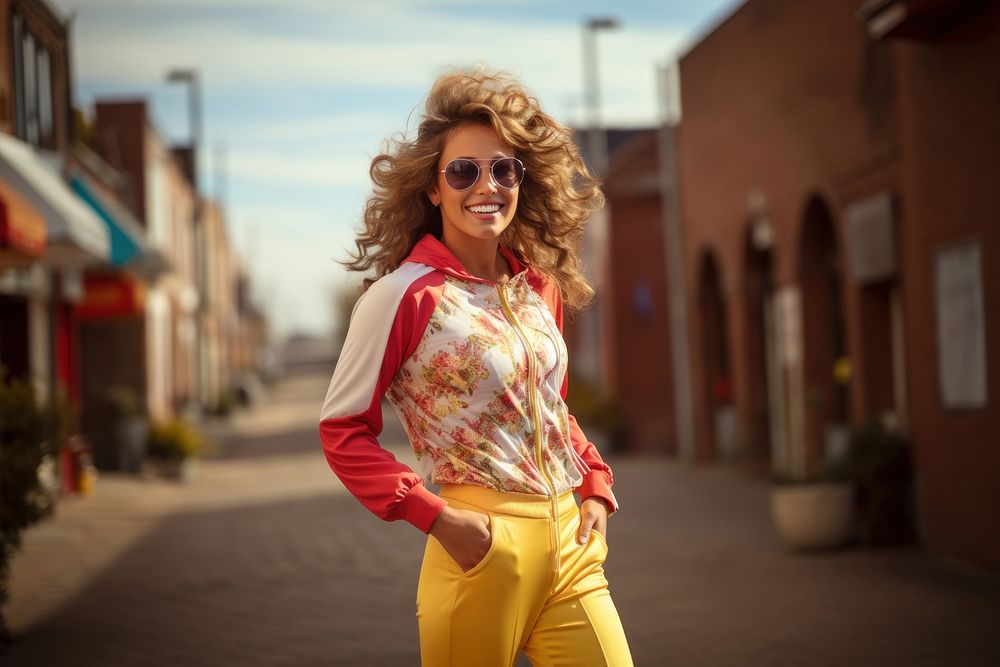 A young woman in a retro-style 1970s jogging outfit sunglasses portrait fashion. AI generated Image by rawpixel.