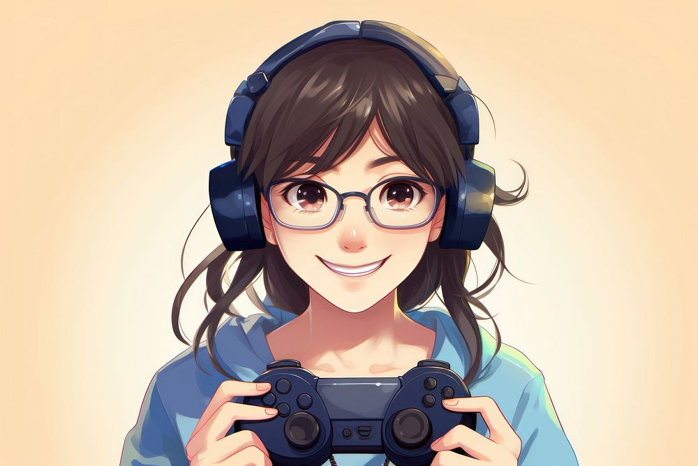 Asian woman holding controller game headphones glasses adult. AI generated Image by rawpixel.
