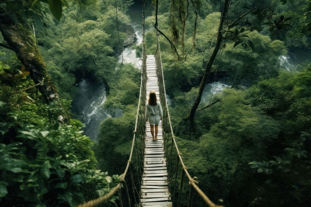 Woman adventure in forest trail outdoors nature bridge. AI generated Image by rawpixel.