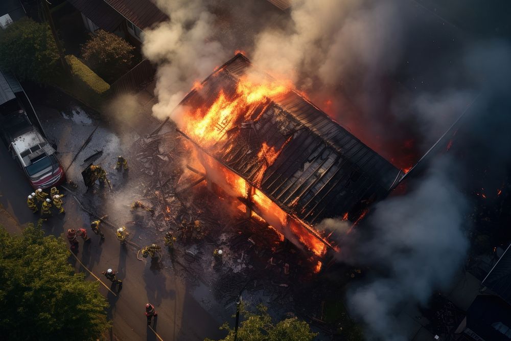 Firefighters in front of burning house vehicle bonfire day. AI generated Image by rawpixel.
