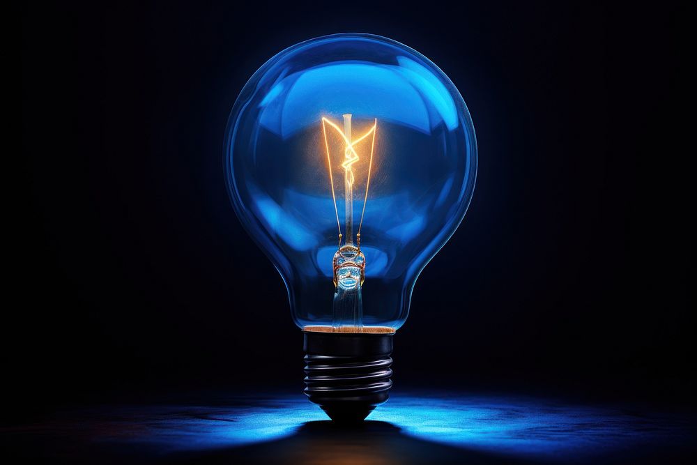 Blue light lightbulb black background electricity. AI generated Image by rawpixel.
