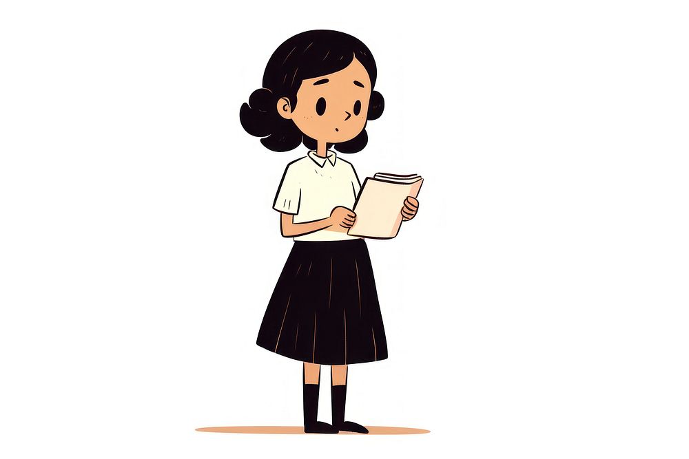 Girl holding book cartoon skirt hairstyle. AI generated Image by rawpixel.