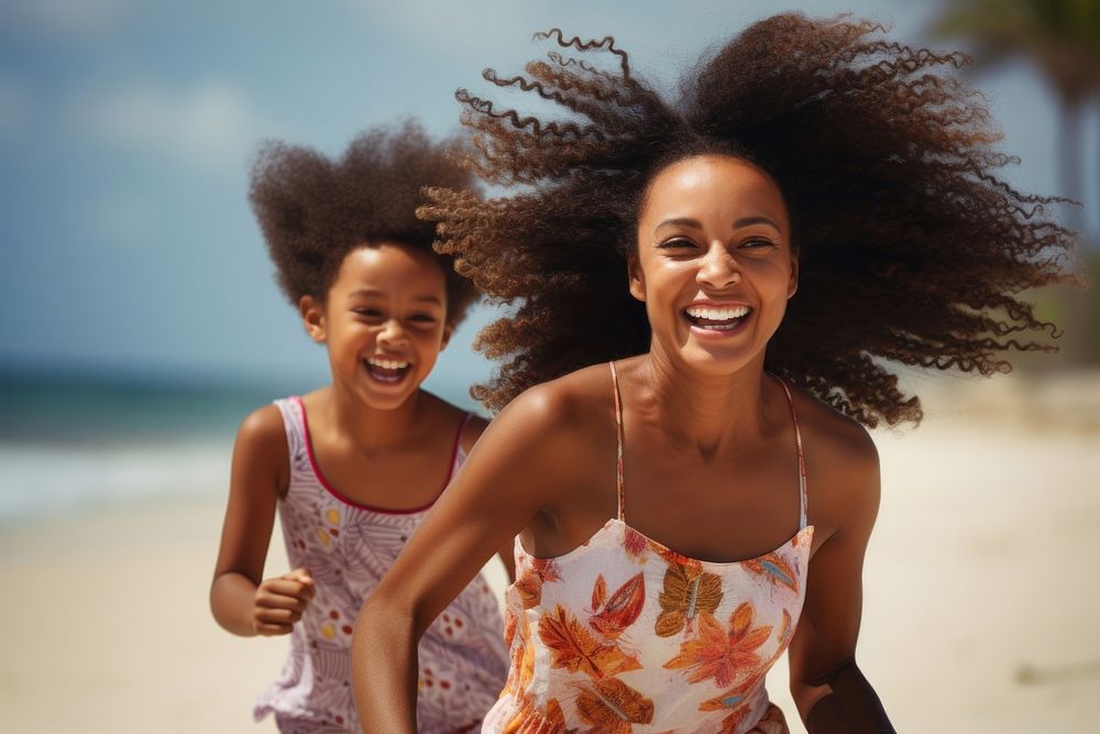 Black mom and daughter running laughing family summer. AI generated Image by rawpixel.