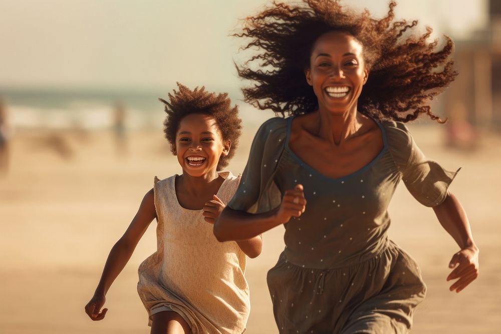 Black mom and daughter running laughing family summer. AI generated Image by rawpixel.