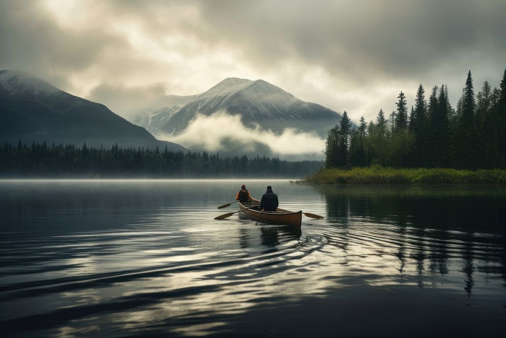 Couple rowing canue adventure vehicle canoe. AI generated Image by rawpixel.