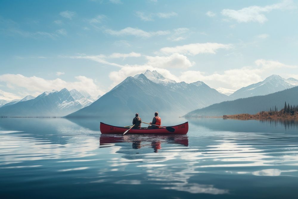 Couple rowing canue adventure vehicle sports. AI generated Image by rawpixel.