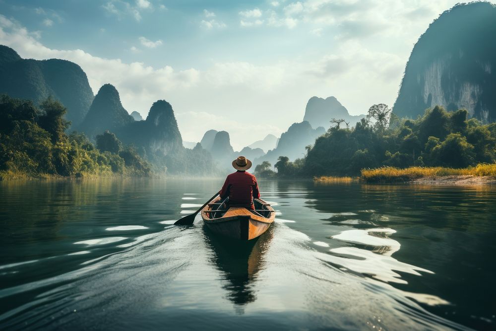 Couple rowing canue adventure canoeing vehicle. AI generated Image by rawpixel.