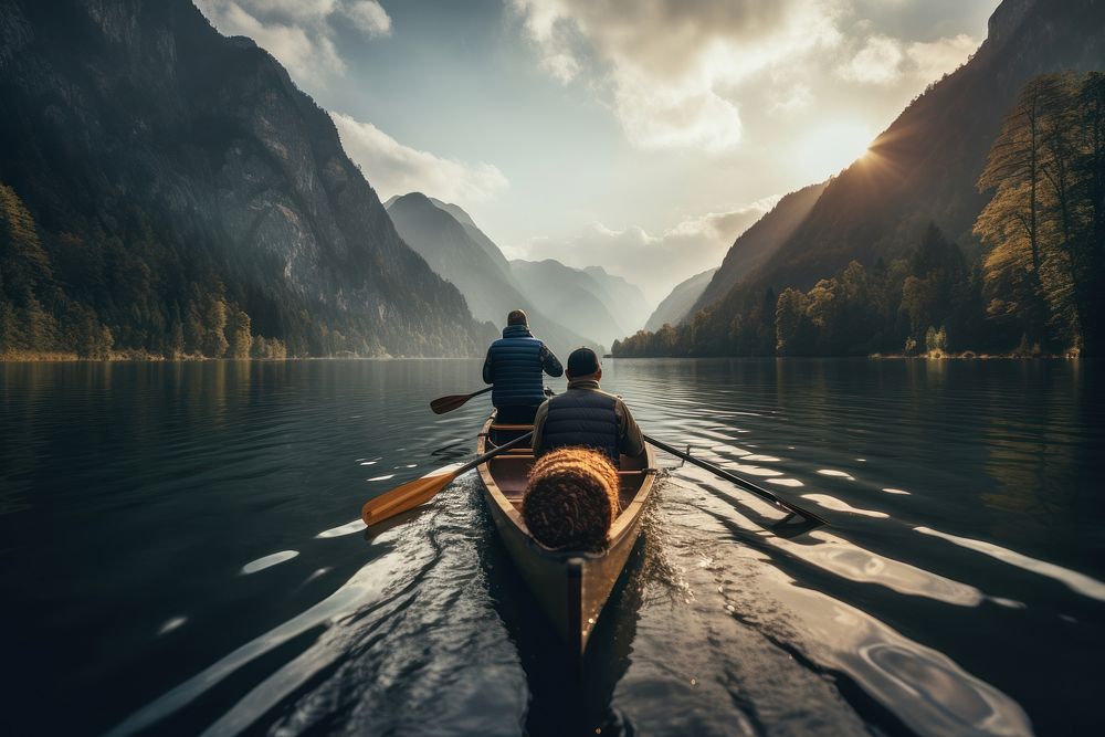 Couple rowing canue adventure vehicle sports. AI generated Image by rawpixel.