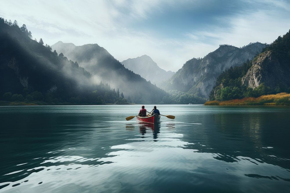 Couple rowing canue recreation adventure kayaking. AI generated Image by rawpixel.