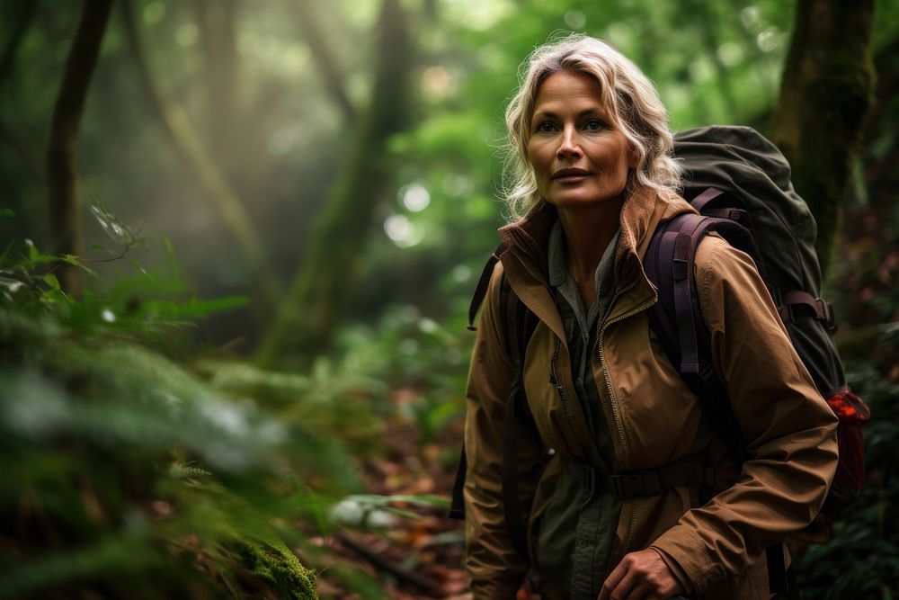 Mature woman adventure in forest outdoors backpack nature. AI generated Image by rawpixel.
