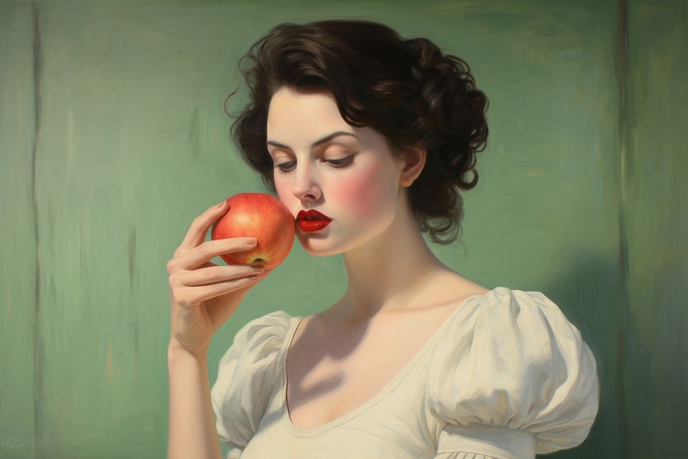 Portrait women eating apple painting adult food. AI generated Image by rawpixel.