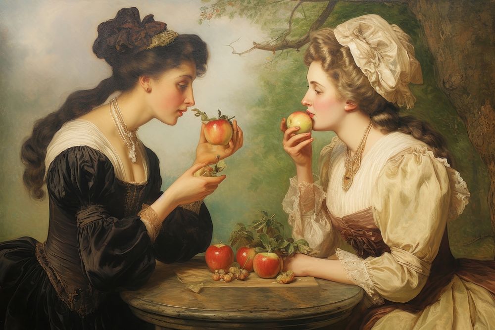 Women eating apple painting art togetherness. AI generated Image by rawpixel.