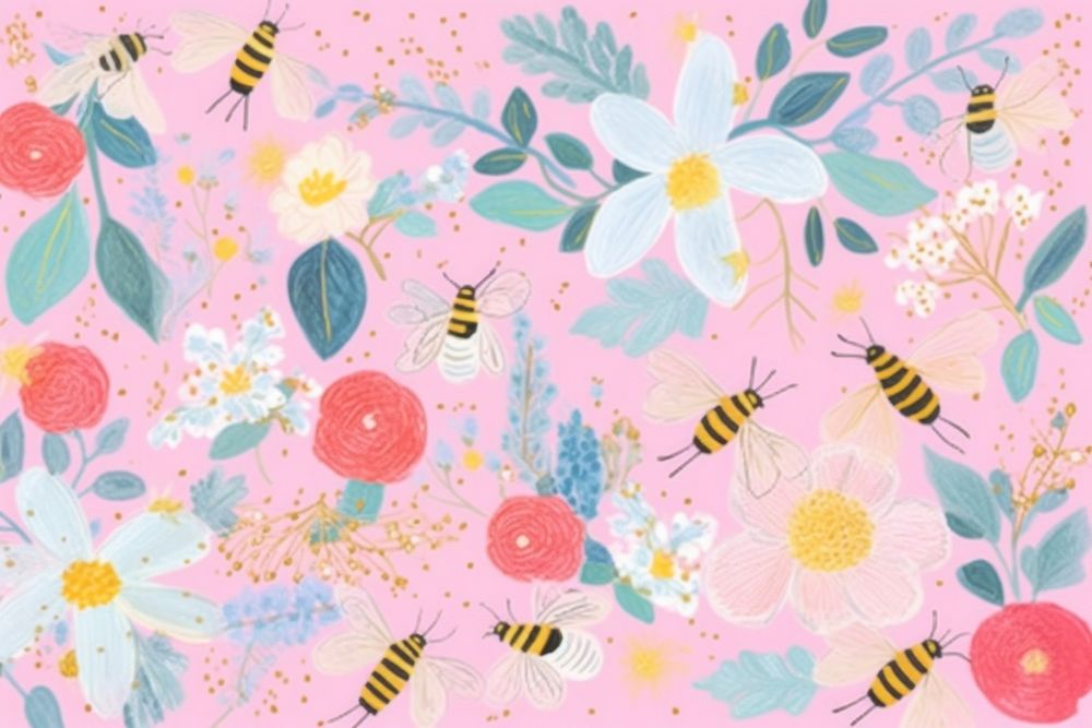 Bees pattern flower insect. AI generated Image by rawpixel.