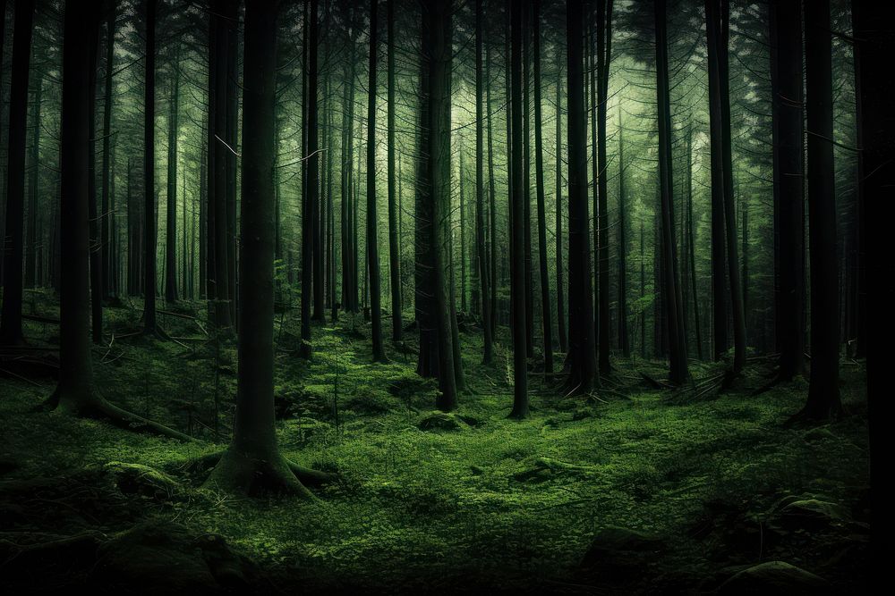 A asian forest with tall dark green pitrees nature landscape woodland. AI generated Image by rawpixel.