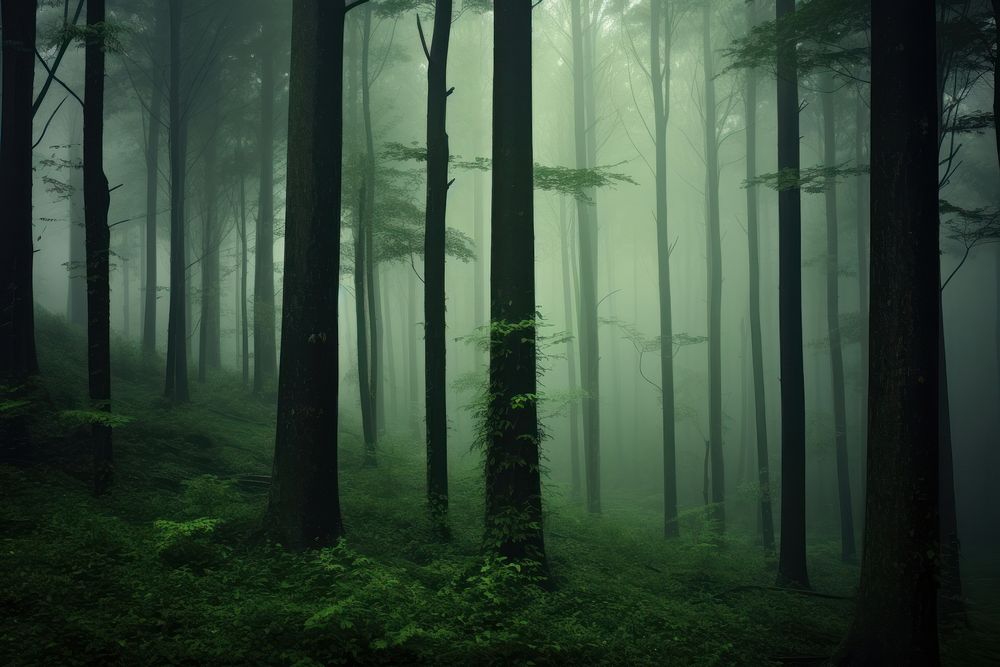 A asian forest with tall dark green trees nature woodland outdoors. AI generated Image by rawpixel.