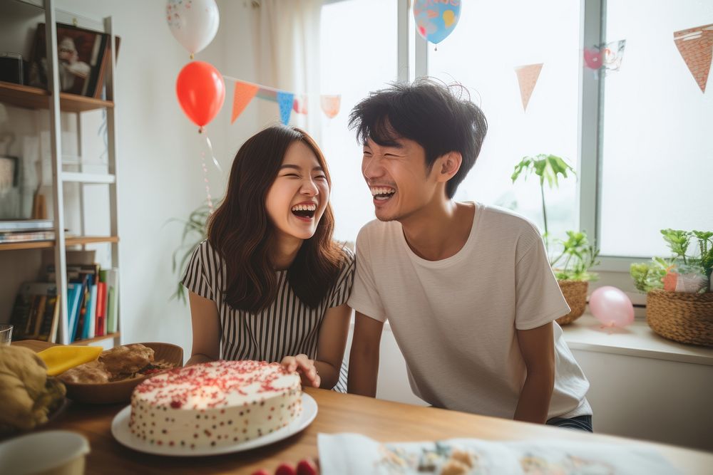 Cheerful taiwanese man and woman party birthday adult. AI generated Image by rawpixel.