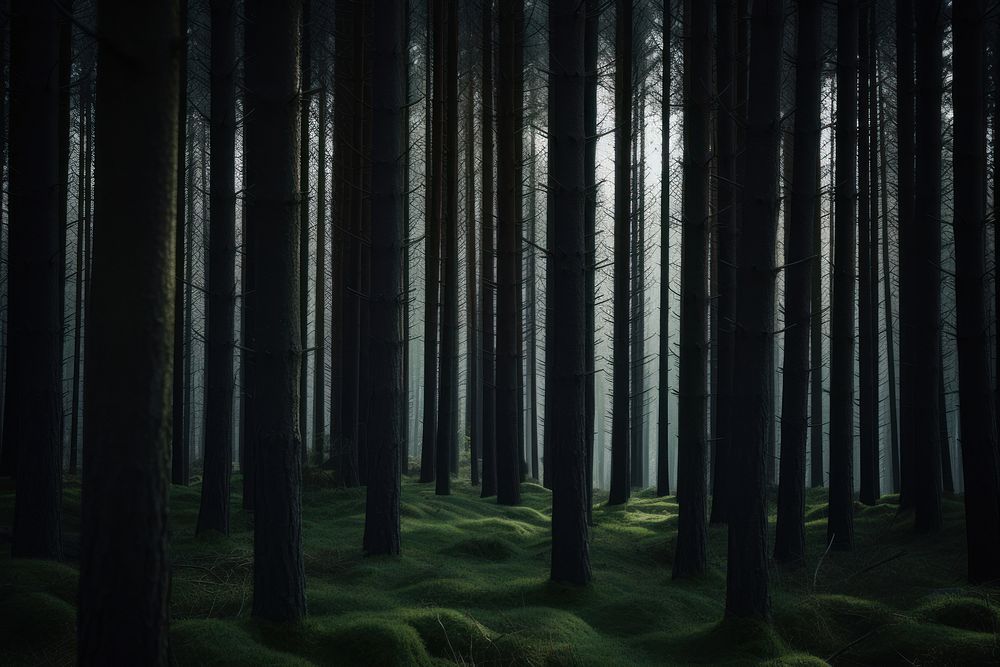A forest with tall dark green pine trees nature woodland outdoors. AI generated Image by rawpixel.