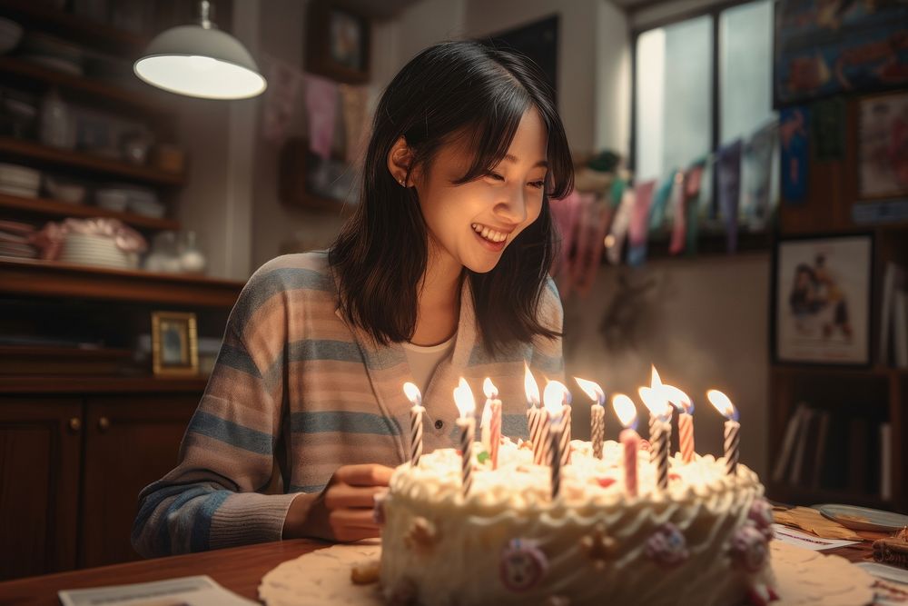 Happy japanese university student candle cake birthday. AI generated Image by rawpixel.