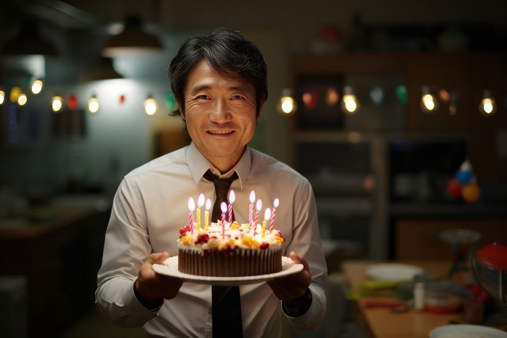 Japanese businessman cake birthday holding. AI generated Image by rawpixel.