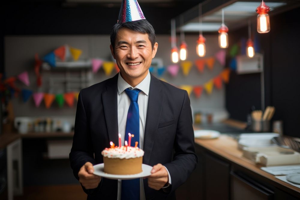 Japanese businessman party cake birthday. AI generated Image by rawpixel.