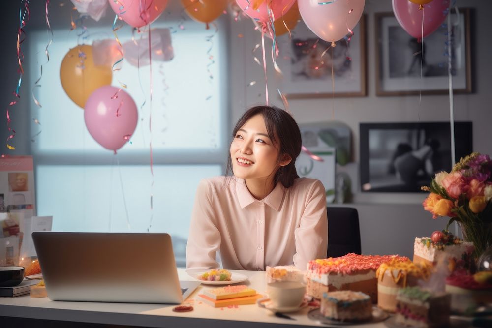 Japanese woman celebrating computer birthday. AI generated Image by rawpixel.