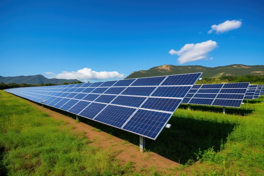 Photovoltaic solar panel farm in an agricultural field outdoors solar panels electricity. AI generated Image by rawpixel.