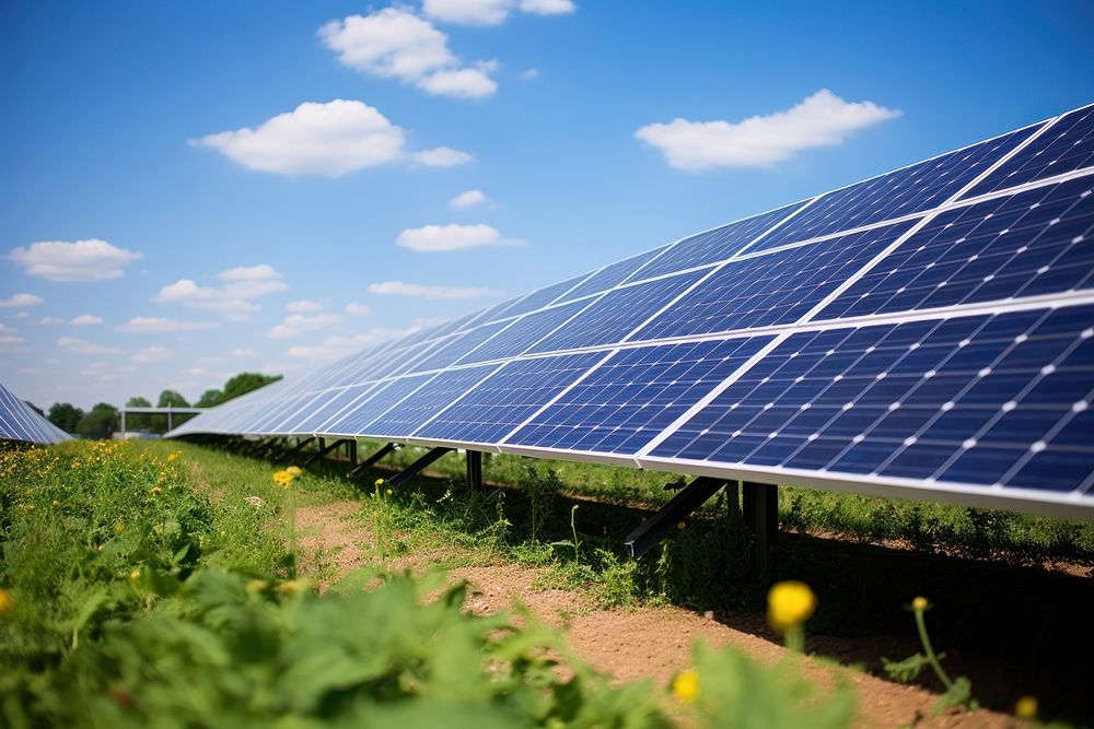 Photovoltaic solar panel farm in an agricultural field outdoors solar panels electricity. AI generated Image by rawpixel.