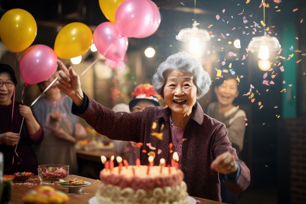 Senior Chinese woman party birthday balloon. AI generated Image by rawpixel.