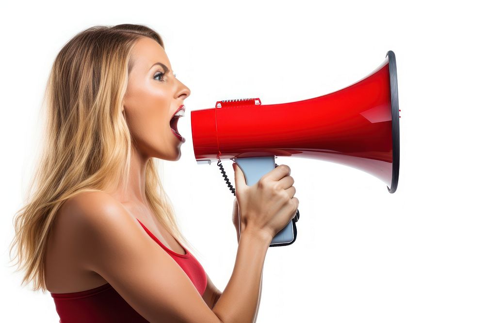 Woman using megaphone shouting adult white background. AI generated Image by rawpixel.