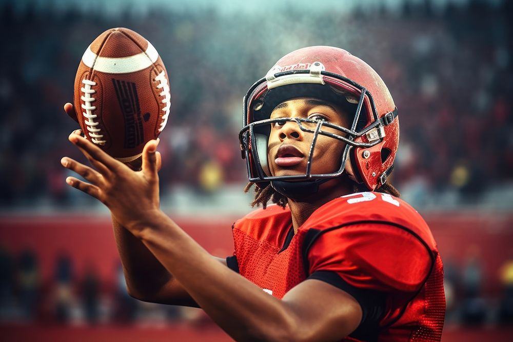 Black teen enjoy playing american football on field sports helmet determination. AI generated Image by rawpixel.