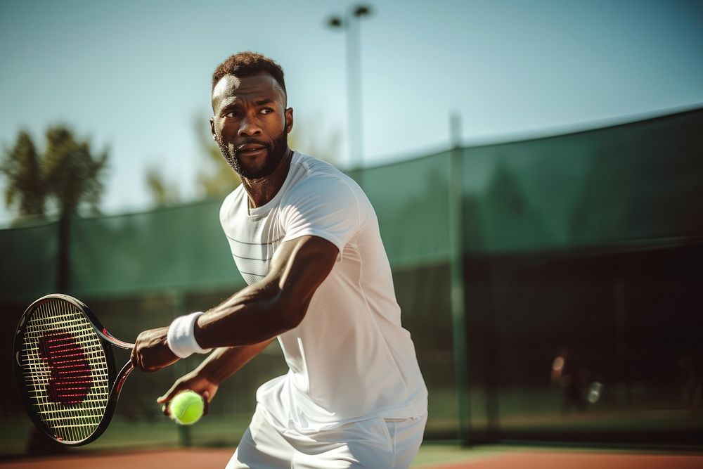 Black man enjoy playing tennis in tennis court sports racket adult. AI generated Image by rawpixel.