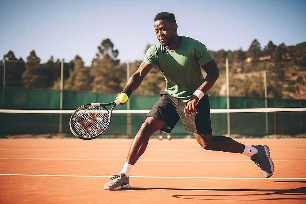 Black man enjoy playing tennis in tennis court sports racket adult. AI generated Image by rawpixel.