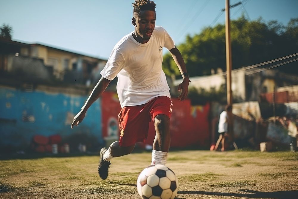 Black man enjoy playing football sports playground adult. AI generated Image by rawpixel.