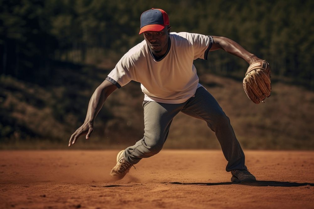 Black man enjoy playing football in baseball sports softball athlete. AI generated Image by rawpixel.