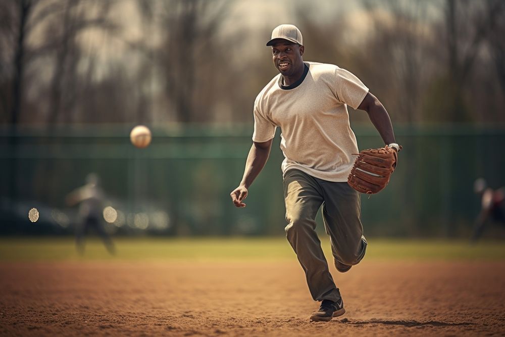 Black man enjoy playing football in baseball sports softball athlete. AI generated Image by rawpixel.
