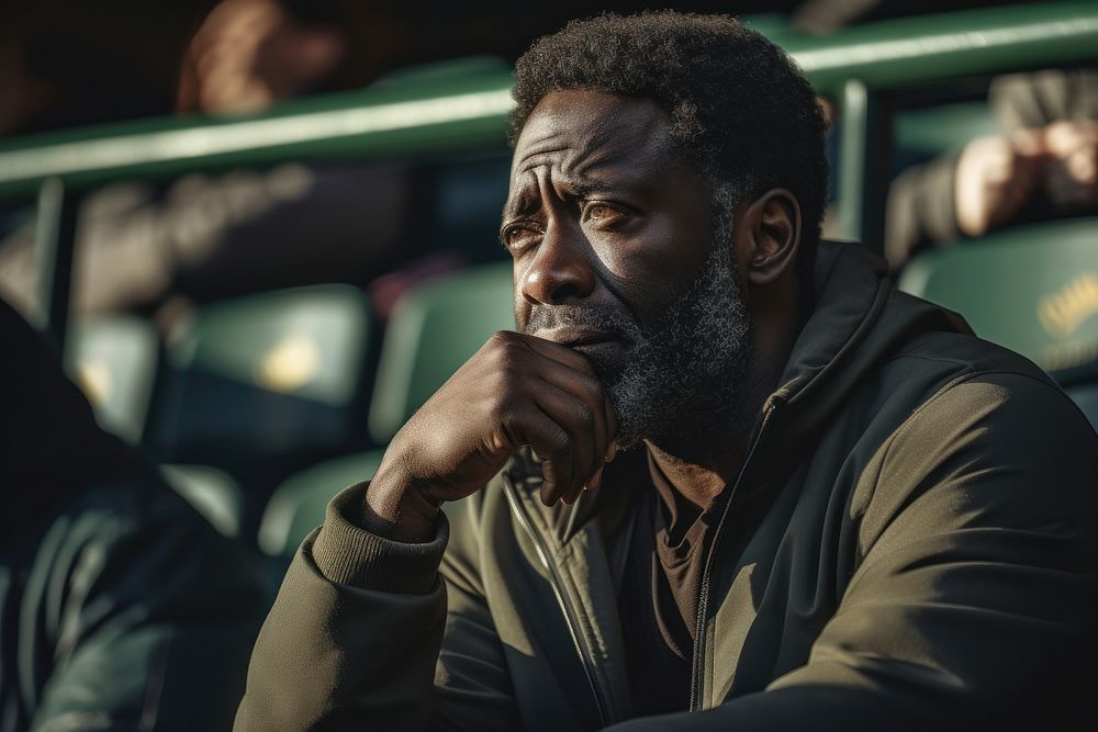 Black mature man sad at football game in stadium portrait adult photo. AI generated Image by rawpixel.